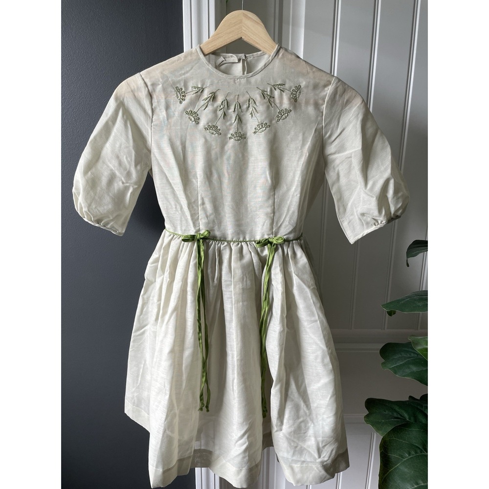 Vintage 60s 70s Shephardess Girl's Dress Green Embroidered Heirloom ~size 10/12